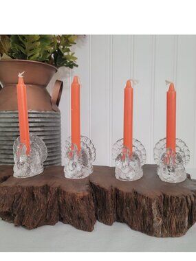 Williams Sonoma Glass Turkey SM Taper Candle Holders Fall Harvest -Set of 4